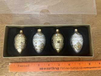 Vtg Box 4 Blown Mercury Glass Rhinestone Glittered Christmas Ornaments
