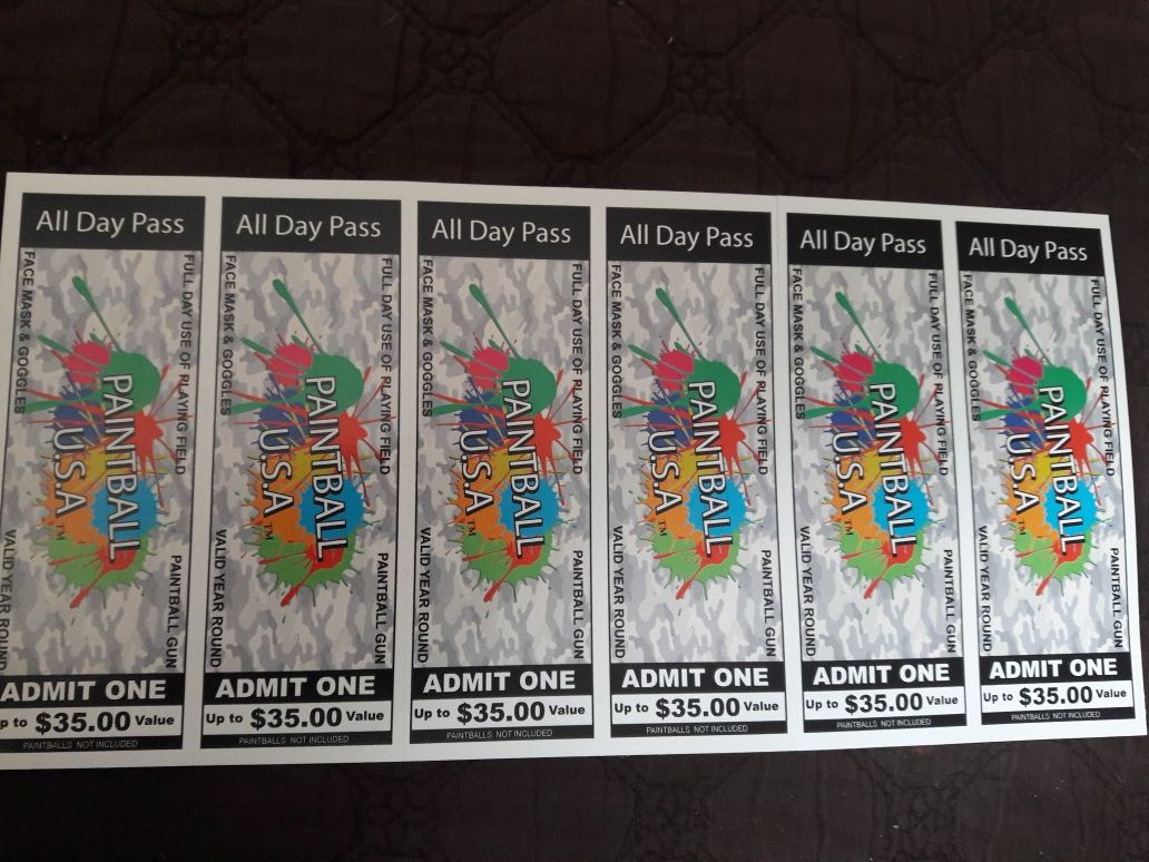 All Paintball tickets Qty 6 $20each (Best pice for all) SHipping available