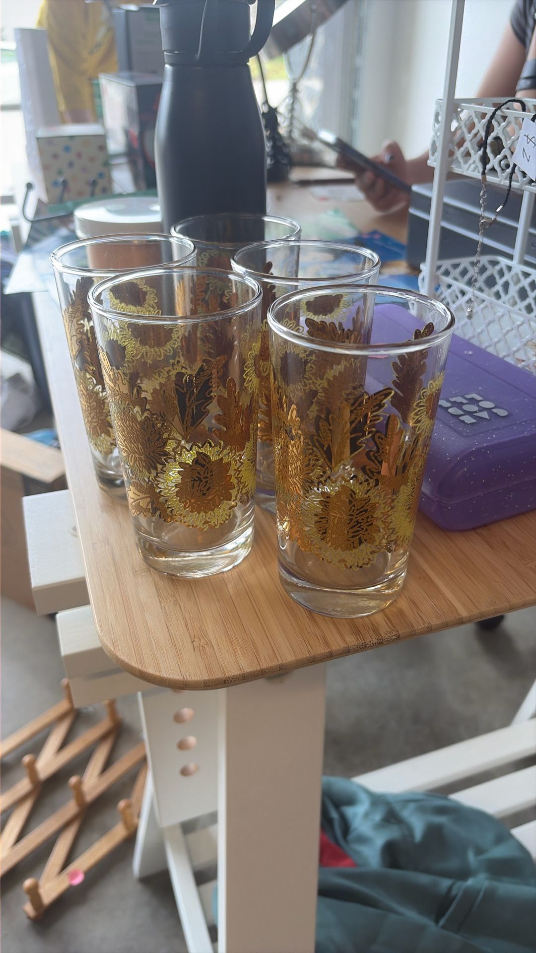 vintage Bartlett Collins Pokee' Mid-Century Modern highball glasses with a 22K gold chrysanthemum pattern