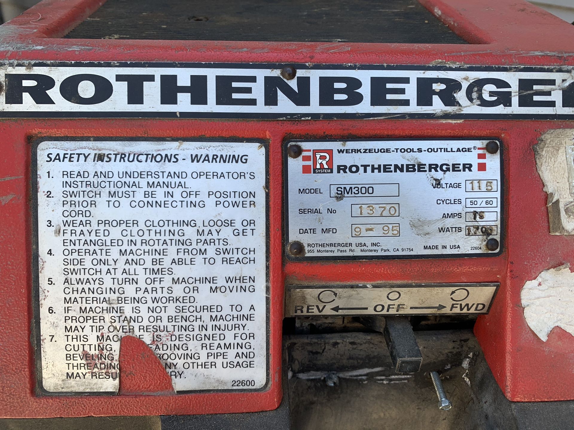 Rothenberger pipe threader model SM300 for parts