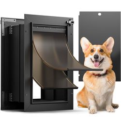 Doggy Door, All Aluminum Dog Door for Wall, Medium Doggie Pet Door, with Closing Panel, 2 Magnetic Flaps Energy Efficient, Wide Telescoping Tunnel for