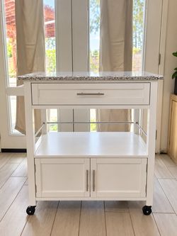 White Rolling Kitchen Island / Coffee Bar with Marble Top