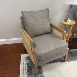 Mid Century Modern Accent Chair Upholstered Living Room Chairs Armchair with Rattan Armrest Comfy Reading Chair with Wood Frame Lounge Side Chair with
