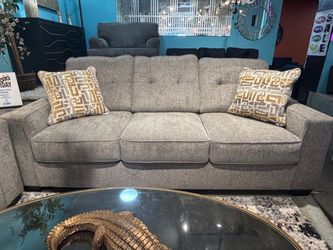 Gray Tufted 3-Seat Sofa with Accent Pillows