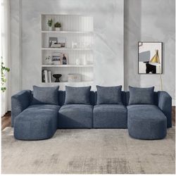 Navy Blue Four Piece Boucle Couch With Pillows 