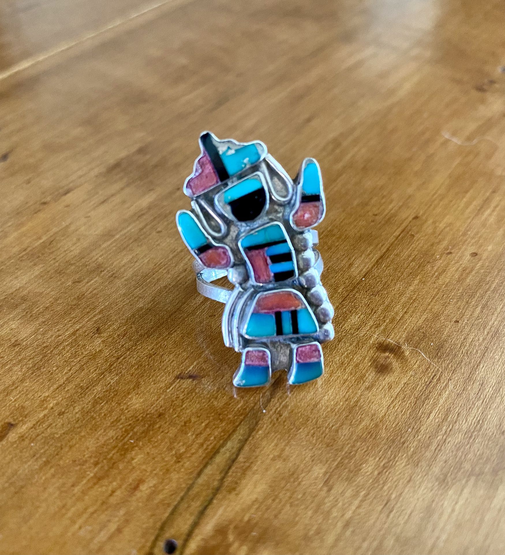 Vintage Sterling Silver Rainbow Yei Dancer Multi-Stone Inlay Ring Size 6