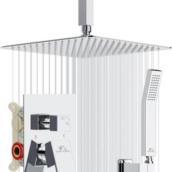 SunCleanse Rainfall Shower System Polished Chrome Ceiling Mounted Shower System Combo Set with High Pressure 12 Inches Square Rain Shower Head Handhel