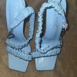 Ruched Chain Strap Sky Blue Heels Size 8 Statement Soft Glam Women's
