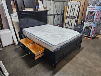 Black Wood Queen Bed Frame with Storage Drawers
