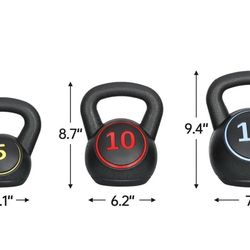 3 Piece Kettlebell Set - 5lb 10lb 15lb Workout Fitness Weight Set