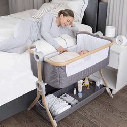 KoolerThings Baby Bassinet, Bedside Sleeper for Baby, Easy Folding Portable Crib with Storage Basket for Newborn, Bedside Bassinet, Comfy Mattress/Tra