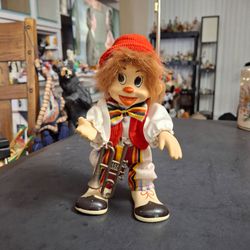 Vintage Smiling Clown Figurine Musician Holding A French Horn W/Porcelain Head, Arms & Feet 7.5"H