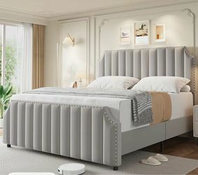 YJ King Size Velvet Upholstered Platform Bed Frame – Brand New Sealed