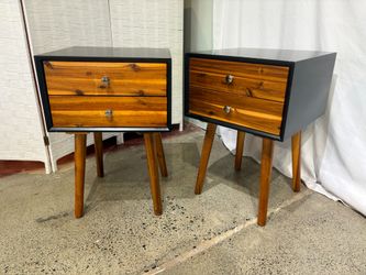 Two Drawer MCM Nightstands in Black and Natural (Set of 2)