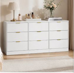 Like New White 9-Drawer Dresser w/ Gold Handles