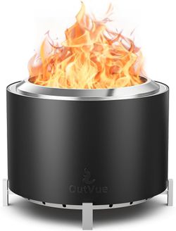 OutVue 27 Inch Stainless Steel Smokeless Fire Pit with Waterproof Cover Black Outdoor Smokeless Firepit with Fire Poker, Wood Burning Fire Pits for Bo