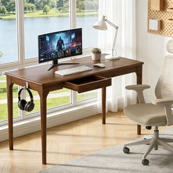 Natural Solid Wood Desk with Drawers, Mid Century Modern Real Wood Writing Desk, Home Computer Office Desks for Work, Standing Desk for Bedroom, Small