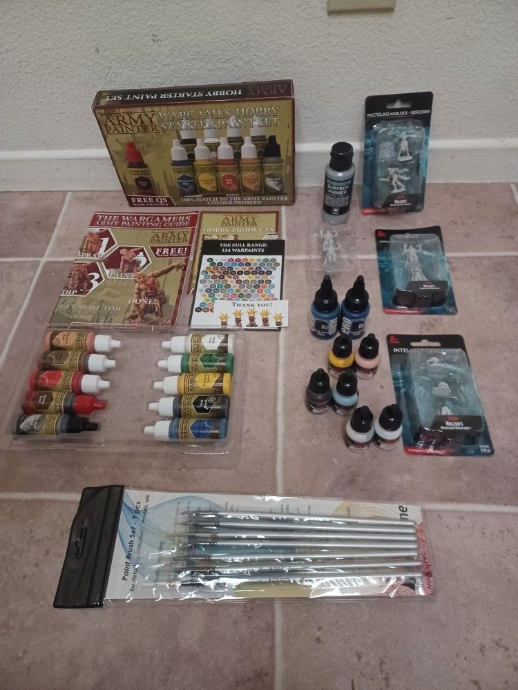 D&D Ready-To-Paint Miniatures, Paint, Primer, New Brush Set - Price Includes All