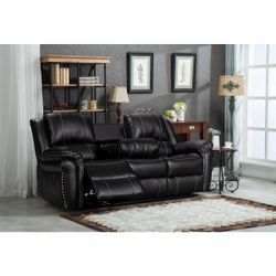 Brand New Black Air Leather Power Recliner Sofa With Drop Down Cup Holders