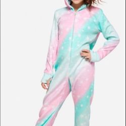 Justice Girl One Piece Fleece Hooded Unicorn Pajama Front Zip Wings Shimmer