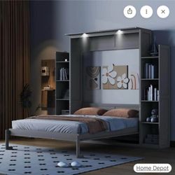 Gray Wood Queen Murphy Bed with Storage Shelves