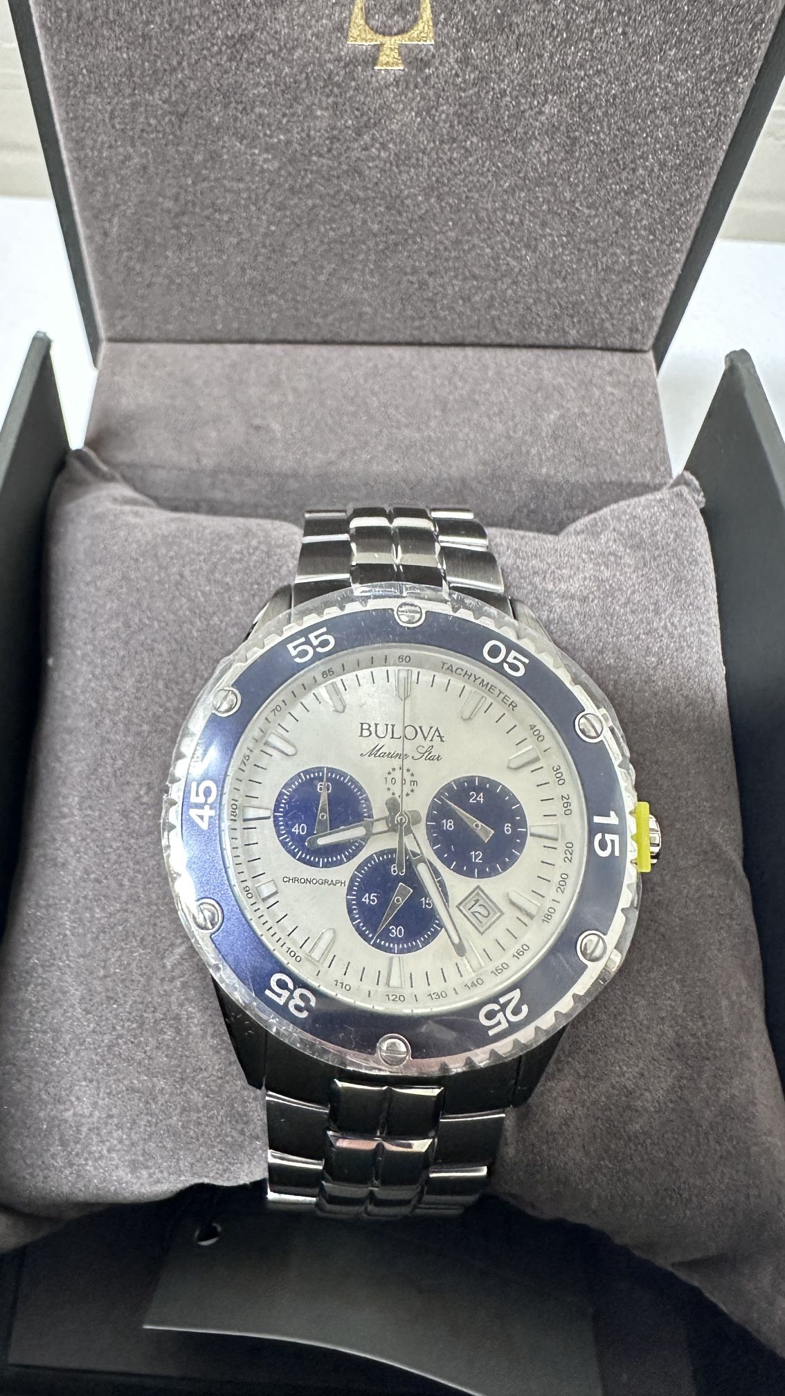 New Bulova Men's Marine Star Quartz Chronograph Calendar Silver Watch 42 MM 98B423