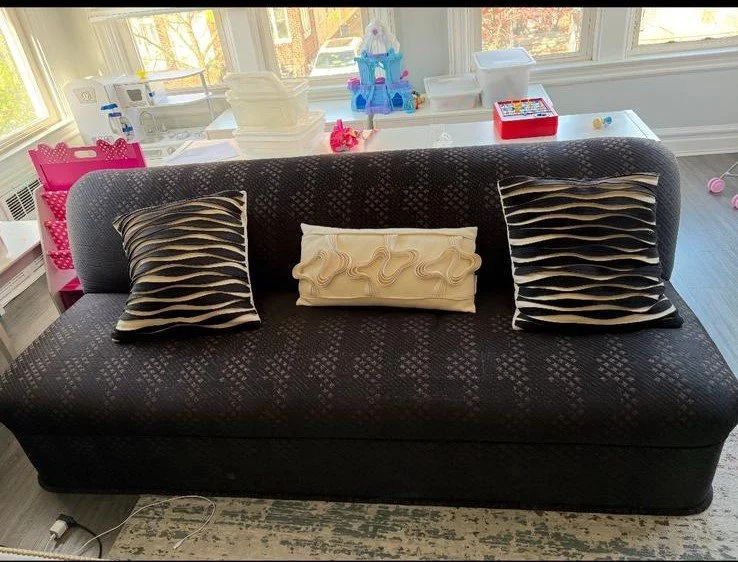 Sofa is 7 ft long 36 inches deep. Seat height about 16