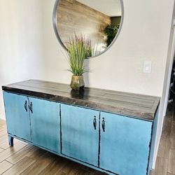 Turquoise Buffet Table & Circle Mirror