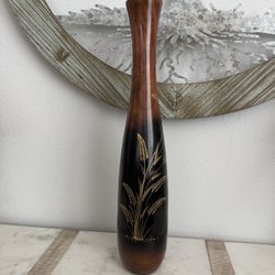 Vintage Handmade 20”H Mango Wood Vase w/Gold Wheat Leaf Pattern 