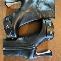 New sz 9/39 GUCCI Janaya Black Leather GG Stud Platform Side Zip Boot Shoes