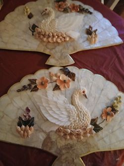 vintage Capiz shell swan and flowers wall art