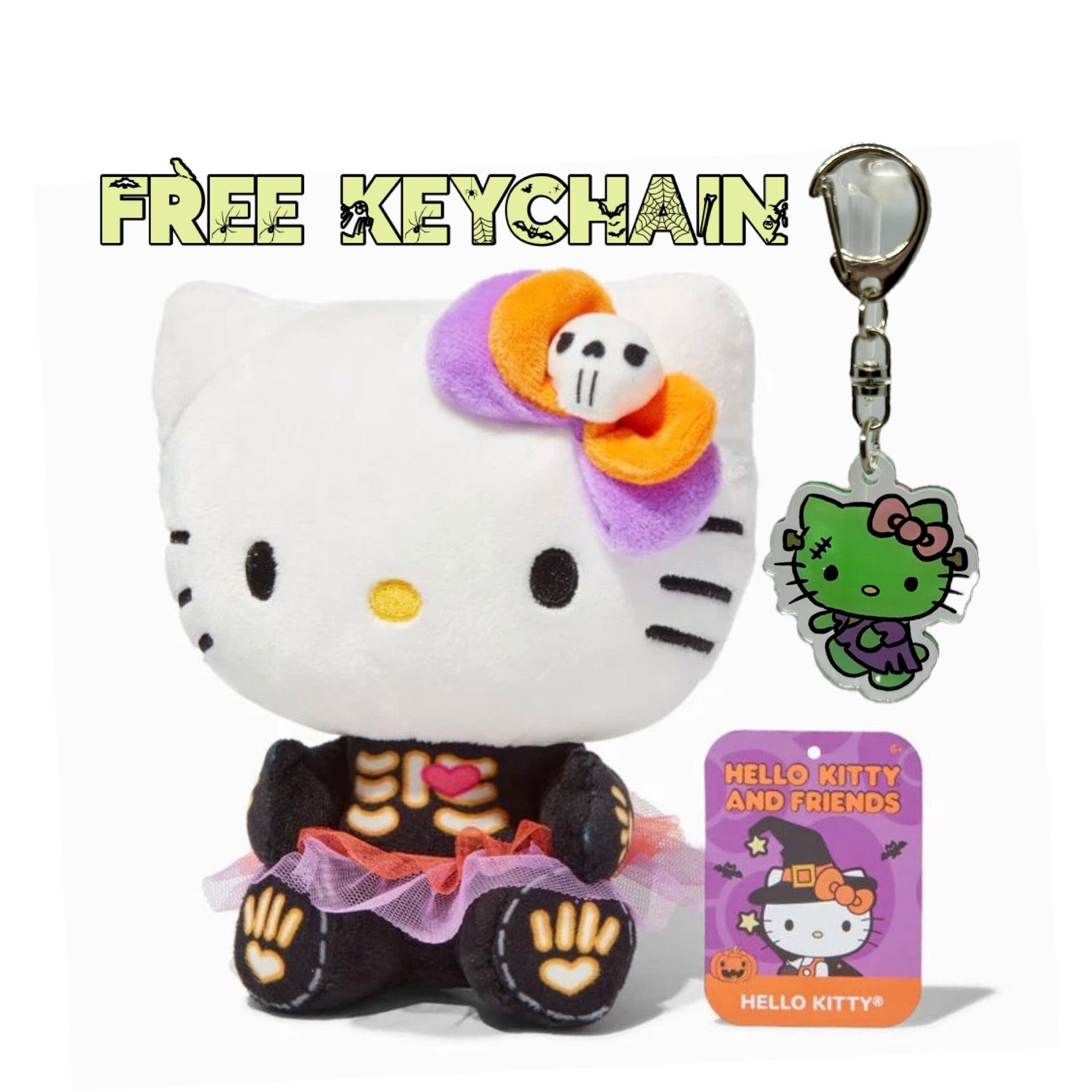 Sanrio Hello Kitty And Friends 8" Halloween 2024 Hello Kitty Skeleton Plush+FREE Keychain NWT