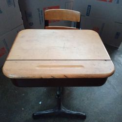 Antique School Desk With Attached Chair.