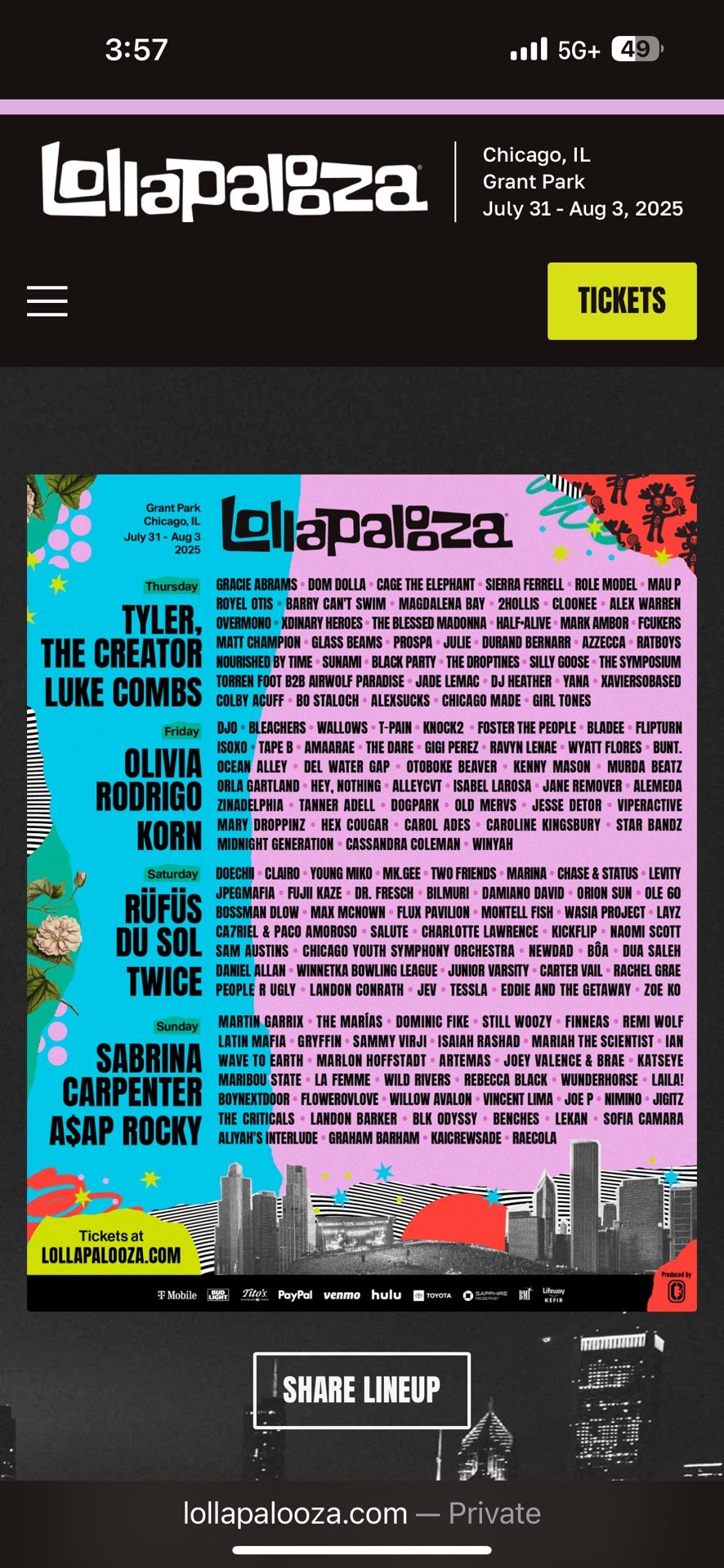 4 Day lollapalooza Wristband