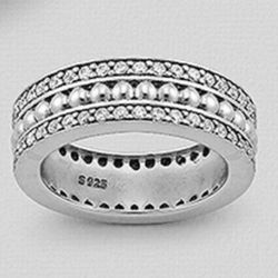 925 Sterling Silver Oxidized Ball Band Ring, Decorated with CZ's Size 9 NEW