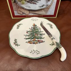 Spode 9” Christmas Tree Appetizer Plate with Knife Set w/Box