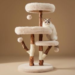 Erinnyees 44" Natural Wood Cat Tree for Large Cats, 45LBS Heavy Duty Stable Cat Tower with Natural Branches, Modern Rustic Cat Furniture with 3-Tier C