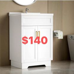 Vanity with Ceramic Sink, Bathroom Vanity Cabinet with 2 Doors, 24 Inches Wooden Cabinet with Sink, White $140