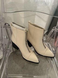 Cream Leather Pointed-Toe Ankle Boots