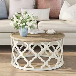 New assembled Farmhouse Coffee Table, French Country Round Coffee Table with Distressed Tray Top, Coastal Coffee Tables with Curved Motif Frame Base, 