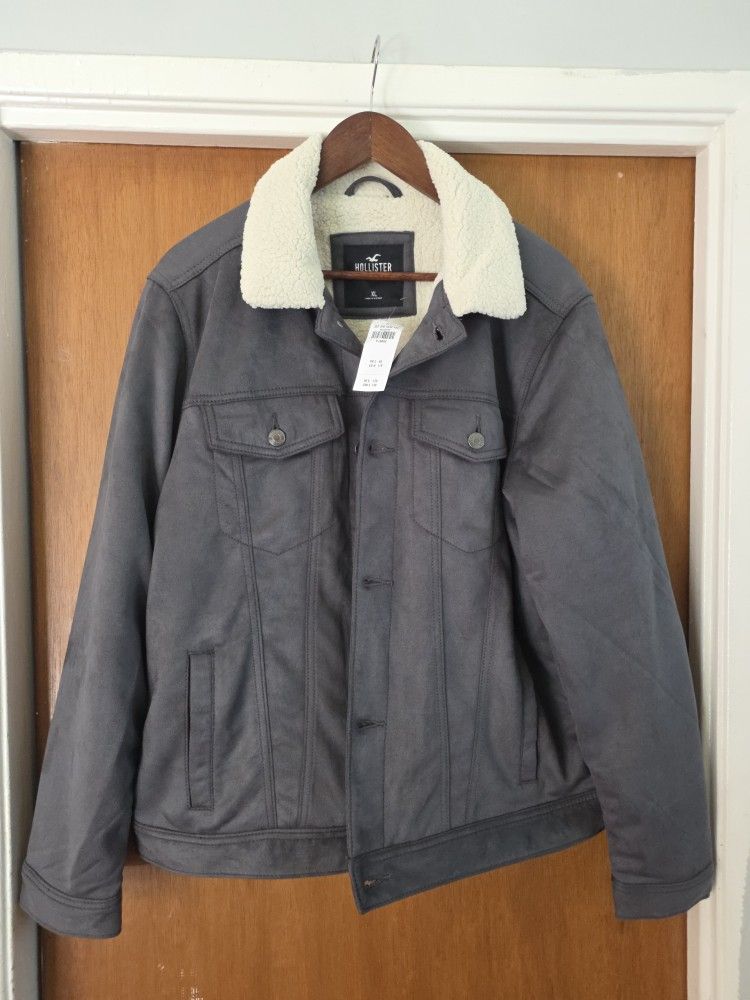 Men's XL Vegan Suede Leather Sherpa Hollister Gray Jacket New