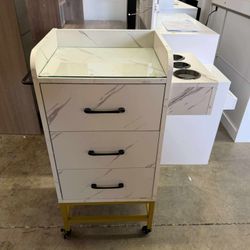 Salon Station Storage Cabinet, Glass Top Salon Trolley Cart with Wheels and 3 Alloy Hair Dryer Holders