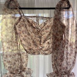 Sheer Floral Puff Sleeve Crop Top Romantic Cottagecore Vibes (S)