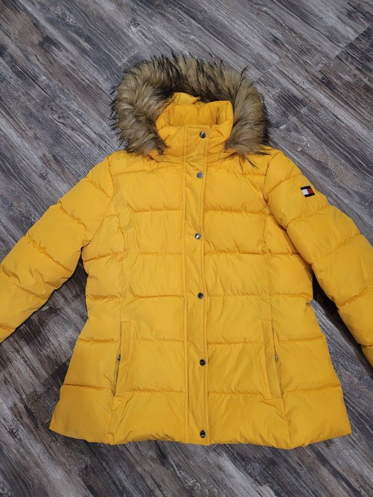 Tommy Hilfiger Yellow Puffy Jacket Hooded Removable Faux Fur Trim Sz L