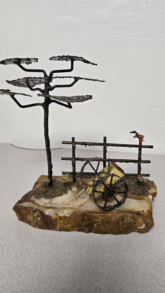 Signed Brutalist Sculpture by Jamire – Cart & Tree on Agate – Metal Art