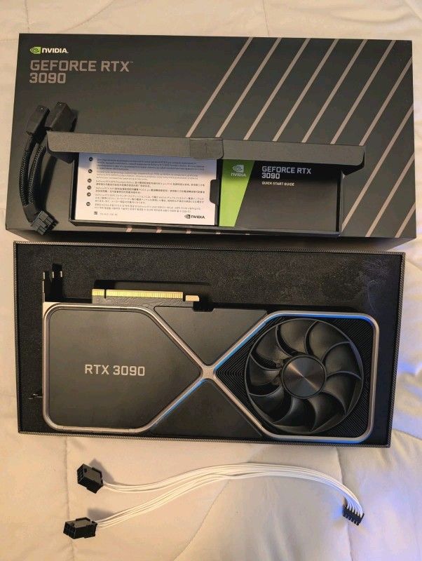 NVIDIA GeForce RTX 3090 Founders Edition 24GB GDDR6X GPU with Power Adapters.