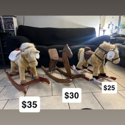 3 Rocking Horses Bundle – Wooden Hobby Lobby + 2002 Chrisha Plush + New Plush Rocker