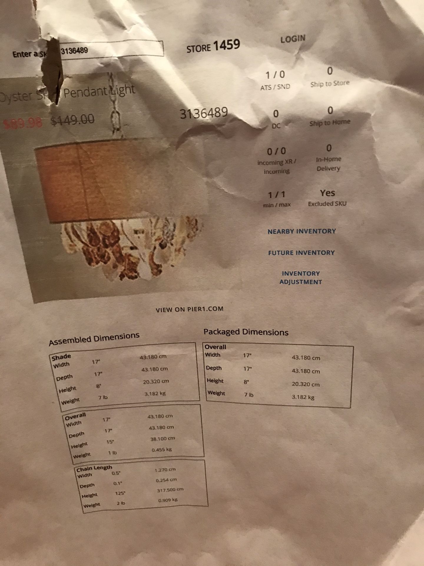 Pier 1 imports oyster pendant suspension huitres NIB