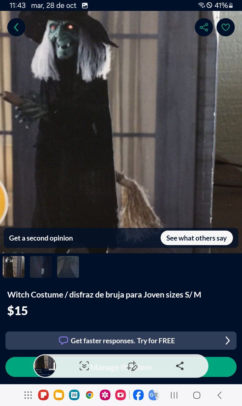 Witch Costume / disfraz de bruja para Joven sizes S/ M