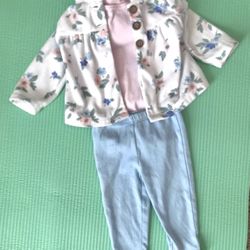 NWOT adorable Carter’s size 9 mo. 3 piece pastel outfit. More Below.